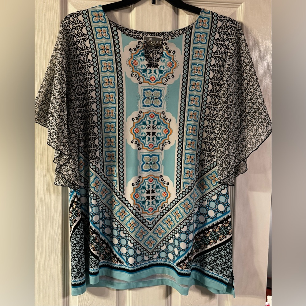 JM Collection, XL, Aqua Blue/Blk/Wht/Orange, w/Short Sheer Sleeves